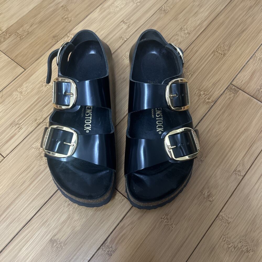 Birkenstock Milano Black Big Buckle Sling-Back Sandal High Shine Sz 39 -8-8.5